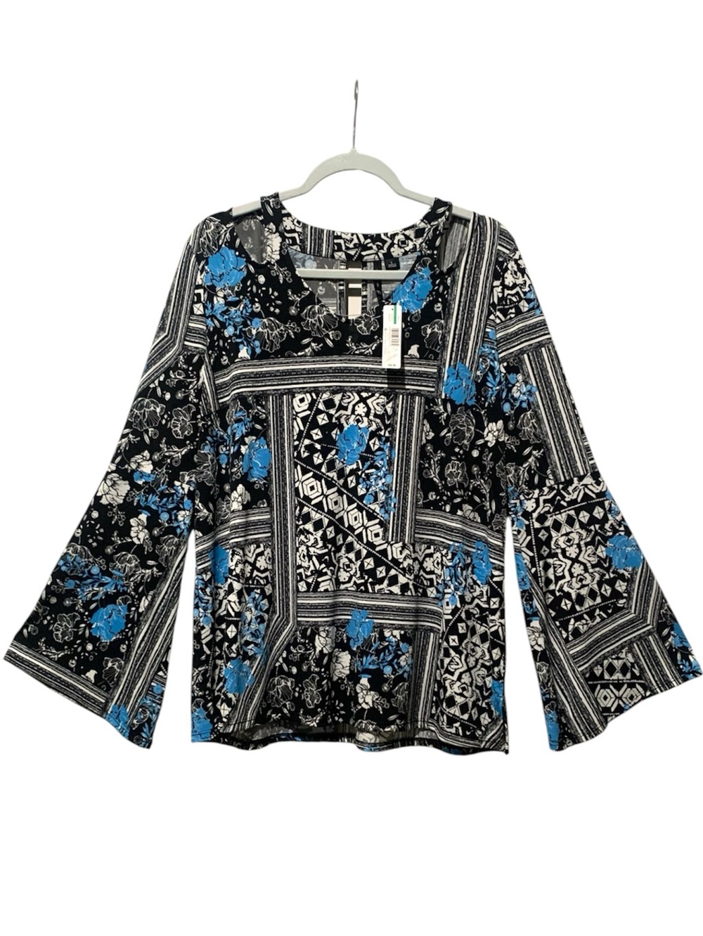 New Directions NWT Black Blue Floral Blouse Cut-Out Bell Sleeve Top Large L